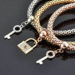 Tri-Tone Key & Lock Charm Bracelet Set – Rose Gold, Gold & Silver